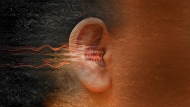 close up of person's ear with illustrated waves coming out of it to represent pain and discomfort