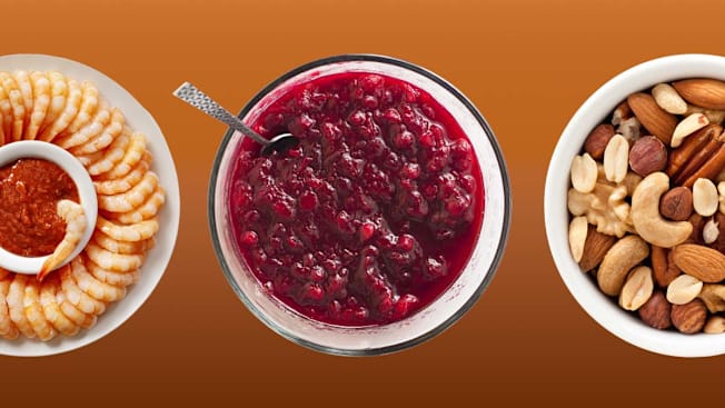 shrimp cocktail, cranberry sauce, mixed nuts
