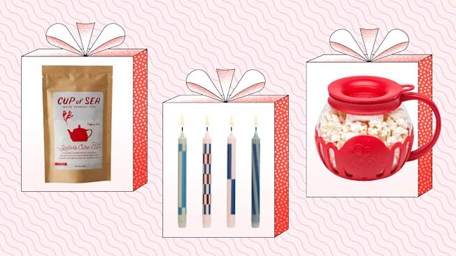 Cup of Sea Sailor's Cure-All Ginger & Turmeric Tea with Bladderwrack, HAY Patterned Tapered Candles, and Ecolution Micro Pop Microwave Popcorn Popper