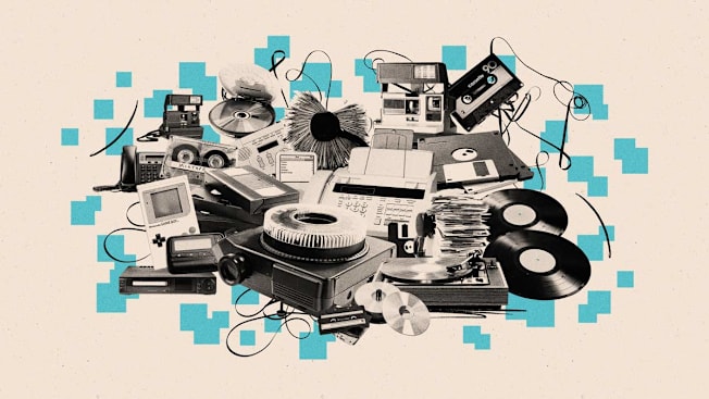 collage of various technology that was commonly used over past decades