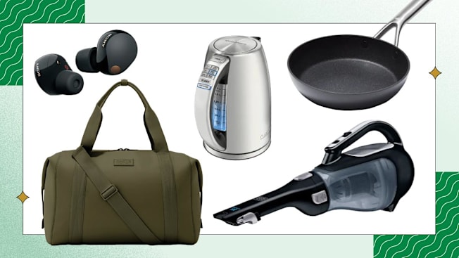 Clockwise from center: Cuisinart PerfecTemp Cordless Electric Kettle CPK-17, Oxo Ceramic Professional Non-Stick Pan, Black & Decker BDH2000L handheld vacuum, Dagne Dover Landon Carryall, and Sony WF1000XM5 noise-cancelling earbuds