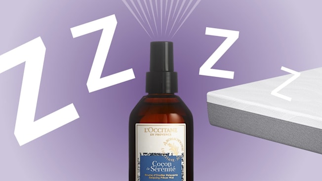A bottle of L'Occitane pillow mist with a lavender-themed background, a mattress on the right, and "Z" symbols