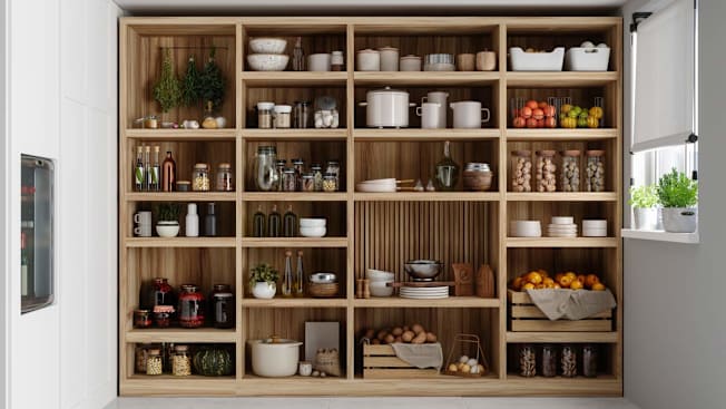 view of open pantry with dishes, various jars and baskets of grains and fruits, oils, and fresh herbs