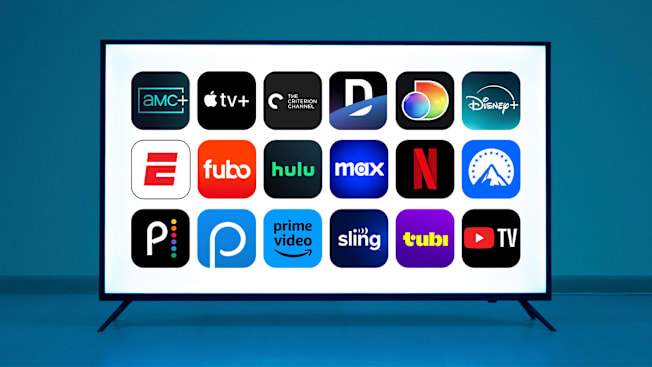 AMC+, Apple TV+, The Criterion Channel, DirecTV Stream, Discovery+, Disney+, ESPN+, Fubo, Hulu, Max, Netflix, Paramount+, Peacock, Philo, Amazon Prime Video, Sling, Tubi, and YouTube TV Streaming app icons on TV screen.
