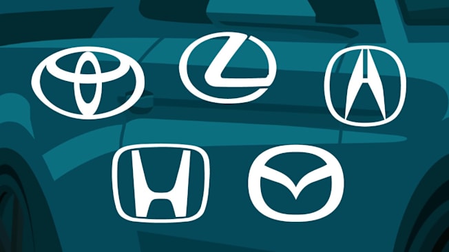 Toyota, Lexus, Acura, Honda, Mazda logos on teal car door background