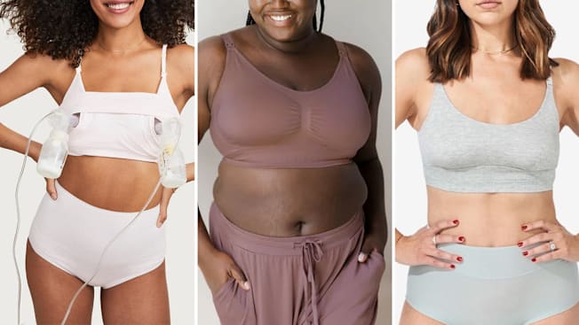 A model wearing the Hatch Essential Nursing And Pumping Bra with breast milk pumps, a model wearing the Kindred Bravely Simply Sublime Nursing Bra, and a model wearing the Bodily Everything Bra