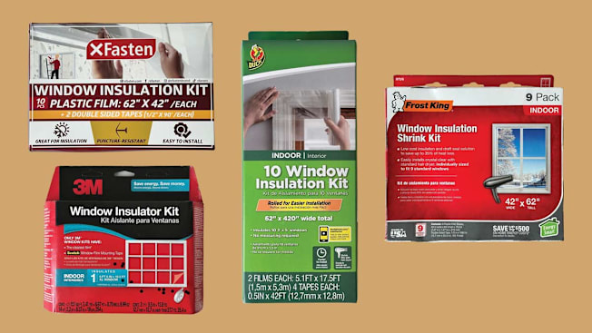 XFasten Window Insulation Kit, 3M Window Insulator Kit, Duck 10 Window Insulation Kit, and Frost King Window Insulation Shrink Kit