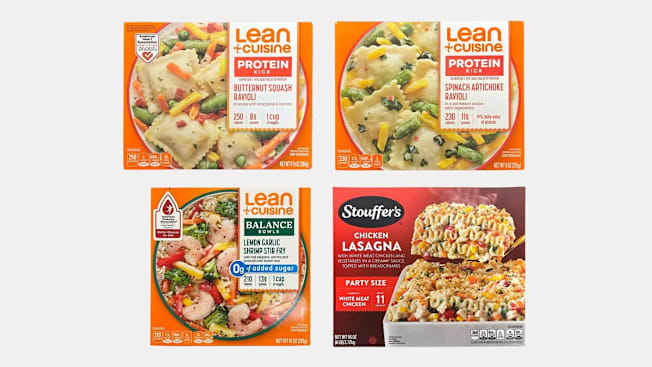 Clockwise from top left: Lean Cuisine Butternut Squash Ravioli, Lean Cuisine Spinach Artichoke Ravioli, STOUFFER’S Party Size Chicken Lasagna, and Lean Cuisine Lemon Garlic Shrimp Stir Fry