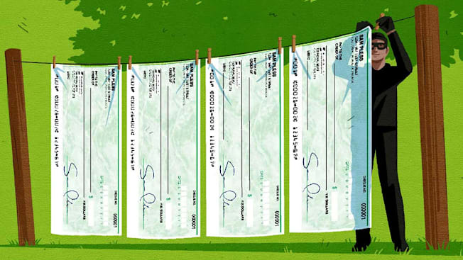 illustration of robber with mask and black outfit hanging clothesline of checks