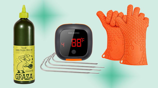 Graza olive oil, Inkbird meat thermometer, Jolly Green bbq gloves