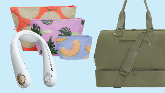 Torras Neck Fan, Baggu Go Pouch set of 3 with Japanese Produce Patterns, and Beis Weekender bag in olive green on white background