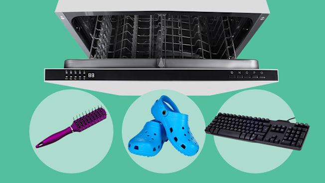 Collage of the following items: dishwasher, hair brush, croc shoes and a wired keyboard.