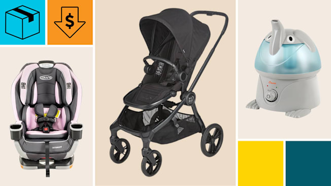 Graco Extend2Fit 3-in-1 Car Seat, Baby Jogger City Sights Stroller, and Crane Elephant Humidifier with a cyan block with a package icon, and an orange block with a dollar sign in a down arrow