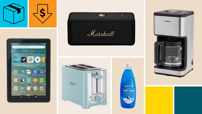 Marshall Emberton II speaker, Zojirushi Dome Brew Classic EC-EJC120 coffee maker, Amazon Basics Dish Soap, Bella 17612 toaster, and Amazon Fire HD 8 (Gen 12), with a package icon, and an orange block with a dollar sign in a down arrow
