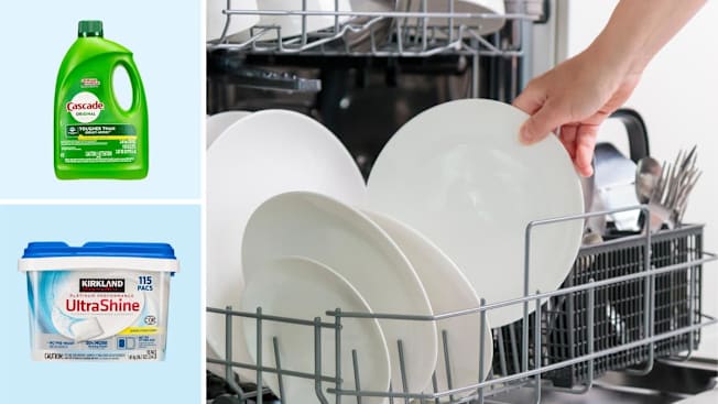 Cascade and Kirkland dishwasher detergents alongside a person unloading clean white plates from a dishwasher rack.