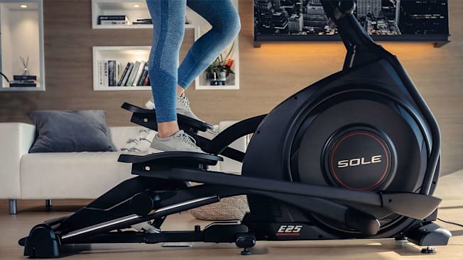 Close-up of the lower half of the Sole E25 elliptical.