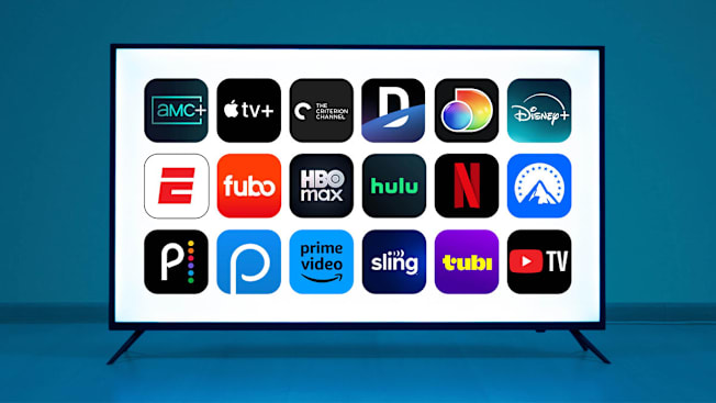 AMC+, Apple TV+, The Criterion Channel, DirecTV Stream, Discovery+, Disney+, ESPN+, Fubo, Hulu, Hbo Max, Netflix, Paramount+, Peacock, Philo, Amazon Prime Video, Sling, Tubi, and YouTube TV Streaming app icons on TV screen.
