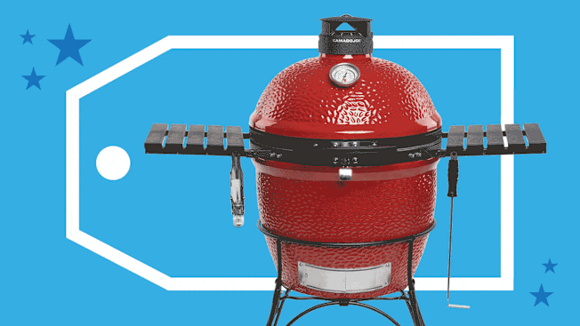 A gif of a Kamado Joe Classic II 18" KJ23RHC, Grand Patio 11' Deluxe NAPOLI Patio Cantilever Umbrella, and an iRobot Roomba i3+ EVO