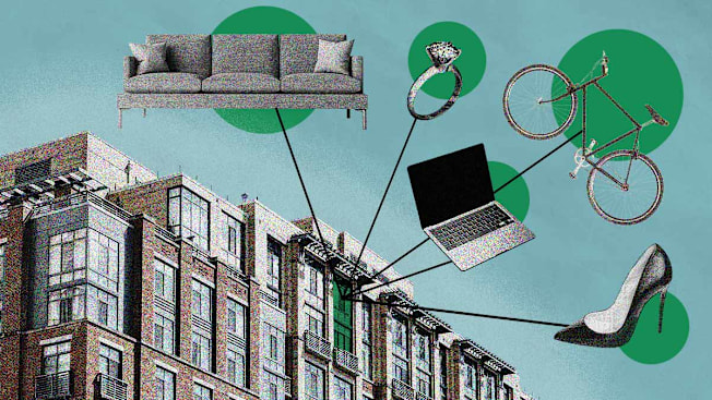 A photo illustration of a number of personal items highlighted in green coming out a window of an apartment building.