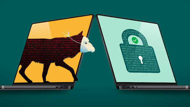 Illustration of two laptops facing each other: one shows a wolf in sheep’s clothing made of binary code, the other a secure padlock.