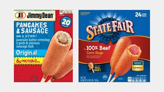Jimmy Dean Pancakes & Sausage on a stick and State Fair 100% Beef corn dogs.