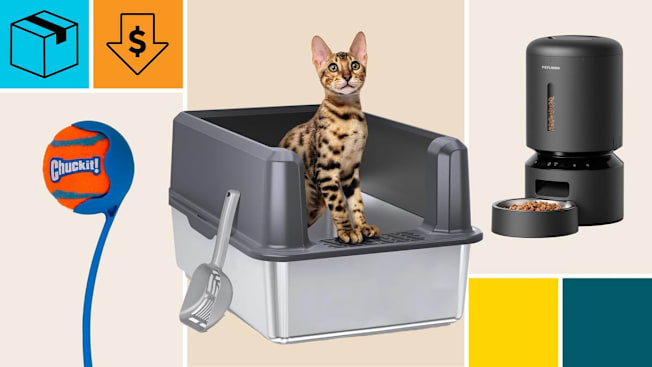 WoofiGo Stainless Steel Cat Litter Box, PetLibro Granary Smart Feeder, and Chuckit Classic 26M Dog Ball Launcher with a cyan block with a package icon, and an orange block with a dollar sign in a down arrow