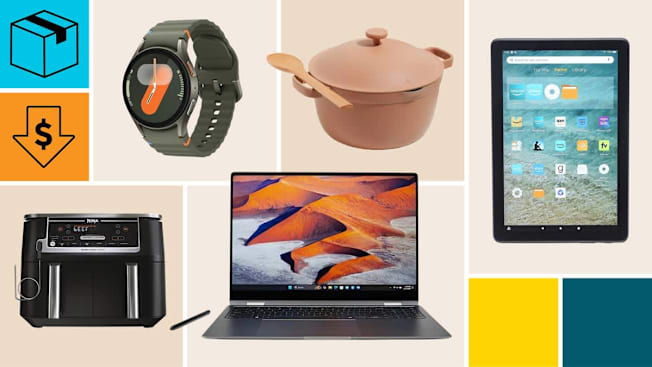 Our Place Perfect Pot, Amazon Fire HD10 (2023), Samsung Galaxy Book5 Pro 360, Ninja Foodi DZ550, and Samsung Galaxy Watch7 (40mm)