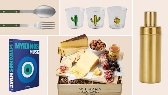 Sabre serving set, Hawkins NY shaker, desert glasses, Mykonos Muse book, Williams Sonoma gift box