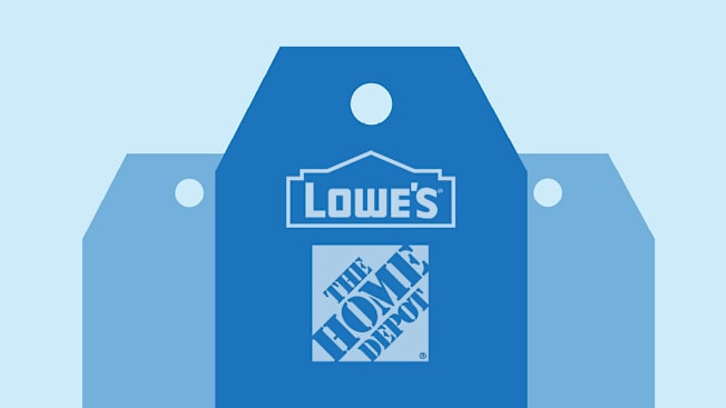 Blue tags with Lowes logo and Home Depot logo