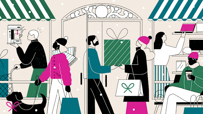 People shopping for gifts in winter, carrying bags and boxes as snow falls.