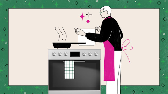 A person cooking on a stove while wearing a pink apron.