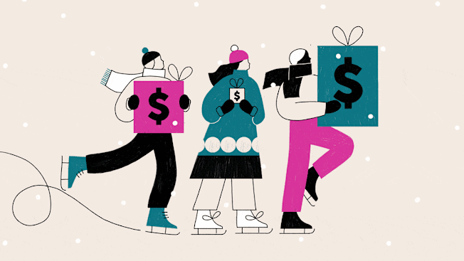 Three people ice-skating while carrying gift boxes marked with dollar signs.
