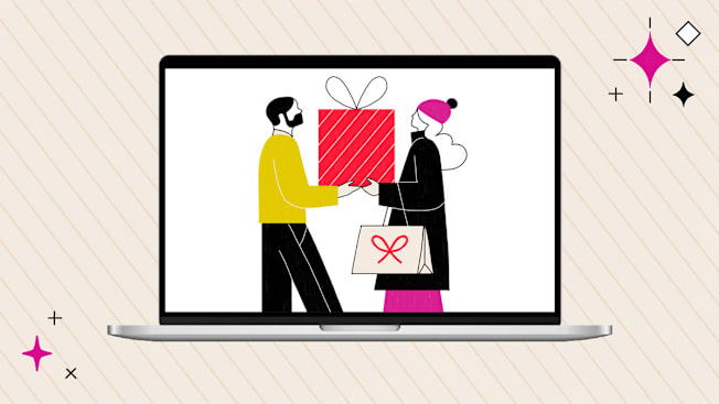 Two people exchanging a gift displayed on a laptop screen.