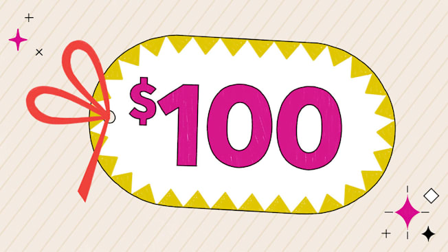 A shopping tag with one-hundred dollars written on it.