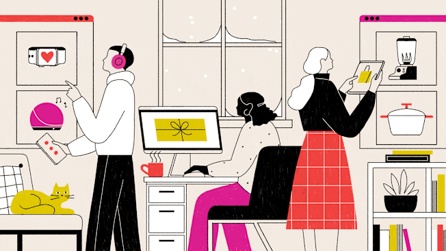 Illustration of three people shopping online at home in a cozy winter setting, browsing gifts and gadgets on screens while a yellow cat lounges nearby.