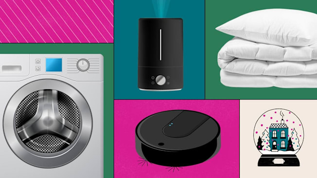 Illustration of a house in a snow globe plus a washing machine. air purifier, pillow, comforter, and vacuum.