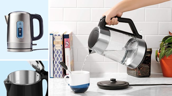 grid of Amazon Basics Stainless Steel Electric Kettle and Secura Electric Kettle SWK-1701DB electric tea kettles on light blue backgrounds and person pouring water from Oxo Cordless Glass Electric Kettle into mug with cookbooks, tea, and potted plant in background