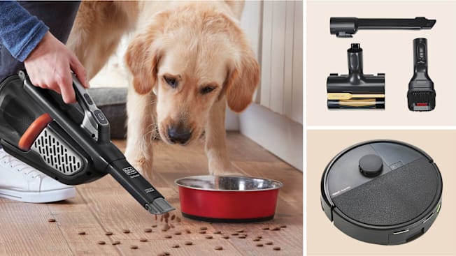 Clockwise from left: A person using the Shark Ion W1 WV201 handheld vacuum to pick up dog kibble while their Golden Retriever watches, vacuum accessories from the Samsung Bespoke AI Jet Ultra VS90F40DMK/AA, and the iRobot Roomba Max 705.