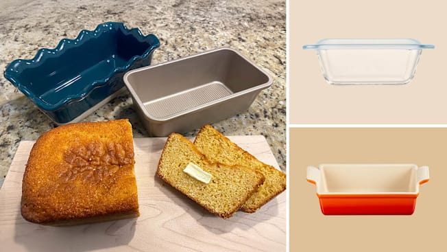 Emile Henry, USA, OXO, Le Creuset loaf pans with loaf of bread