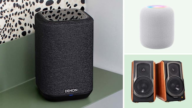 grid of three images with Denon Home 150 on green counter with black and white wallpaper and Apple HomePod (2nd Gen) and Edifier S1000W speakers on light green backgrounds