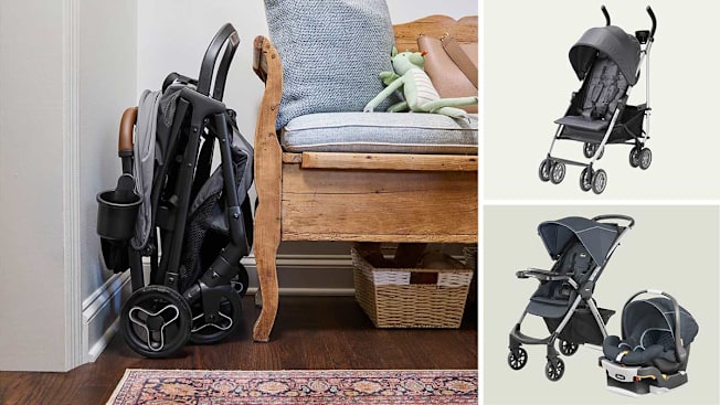 Clockwise from left: A Graco Ready2Jet Stroller folded up next to a home entryway bench, Safety 1st Step Lite umbrella stroller, and the Chicco Mini Bravo Plus travel system with stroller and infant car seat.