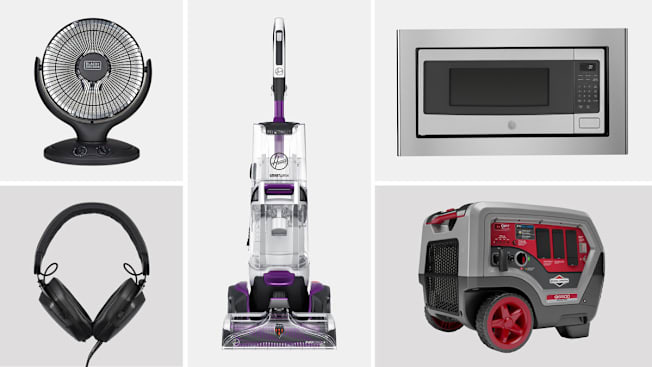 grid of Black+Decker BHRO608 space heater, V-Moda M-200 headphones, Hoover SmartWash Pet Complete FH53000PC carpet cleaner, GE Profile PEM31SFSS microwave, and Briggs & Stratton 030761 generator on grey background