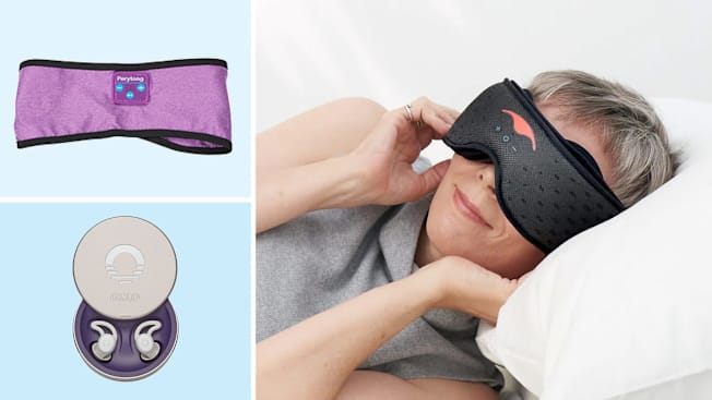 grid with Perytong and Ozlo sleep headphones on light blue backgrounds and person wearing Manta Sound Sleep Box while laying on pillow