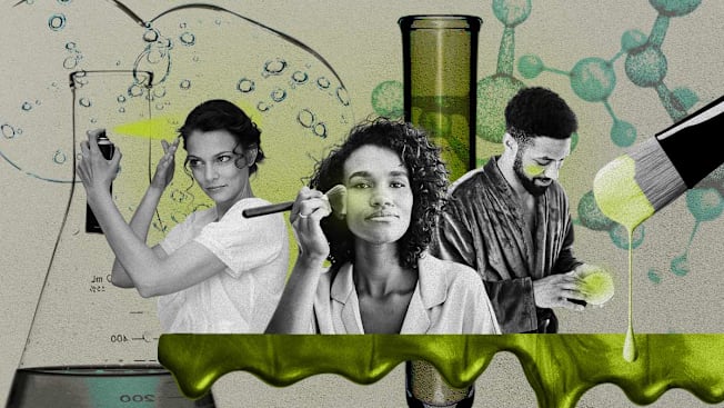 Photo illustration of three people applying different cosmetic products that are all lime green in color. There are various images included that reference chemistry including a beaker, test tube and molecules.
