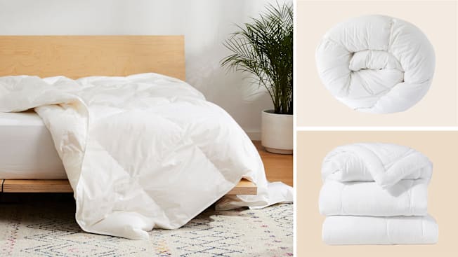 Brooklinen Down Comforter on bed, Quince Premium Down Alternative Comforter (All Season), and Buffy Cloud Comforter
