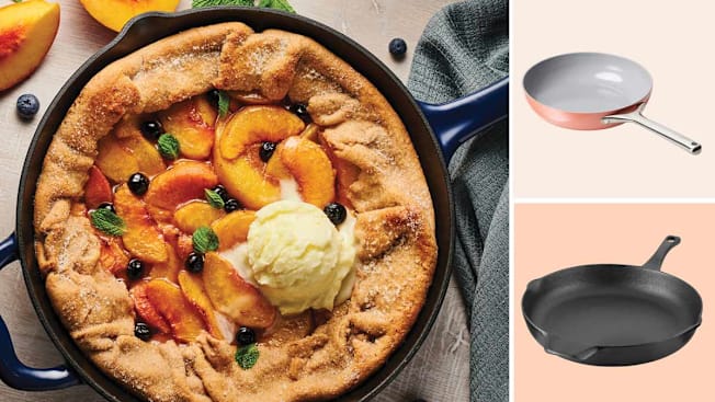 grid showing Tramontina Enameled Cast-Iron Series 1000 with peach cobbler and vanilla ice cream, and Caraway Ceramic-Coated Non-Stick and Calphalon Pre-Seasoned Cast Iron on light orange backgrounds