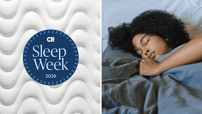A textured white mattress background with a blue circular badge reading ‘CR Sleep Week 2026’; on the right, a person sleeping peacefully on their side under blue bedding,