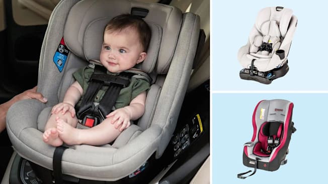 grid of baby in Nuna Revv convertible car seat, and Baby Trend Trooper and Baby Jogger City Turn convertible car seats on light blue backgrounds