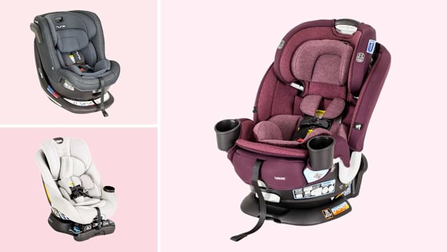 grid of Nuna Revv, Baby Jogger City Turn, and Graco Turn2Me rotating car seats on various tones of light pink backgrounds