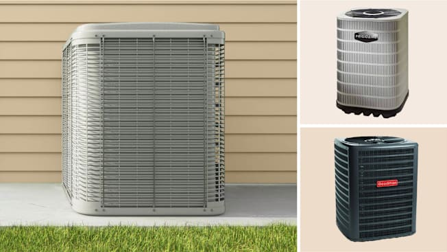 Clockwise from left: an HVAC heat pump seen outside of a home, a Frigidaire 3T Heat Pump Split System, and a Goodman 3T R32 Heat Pump Split System